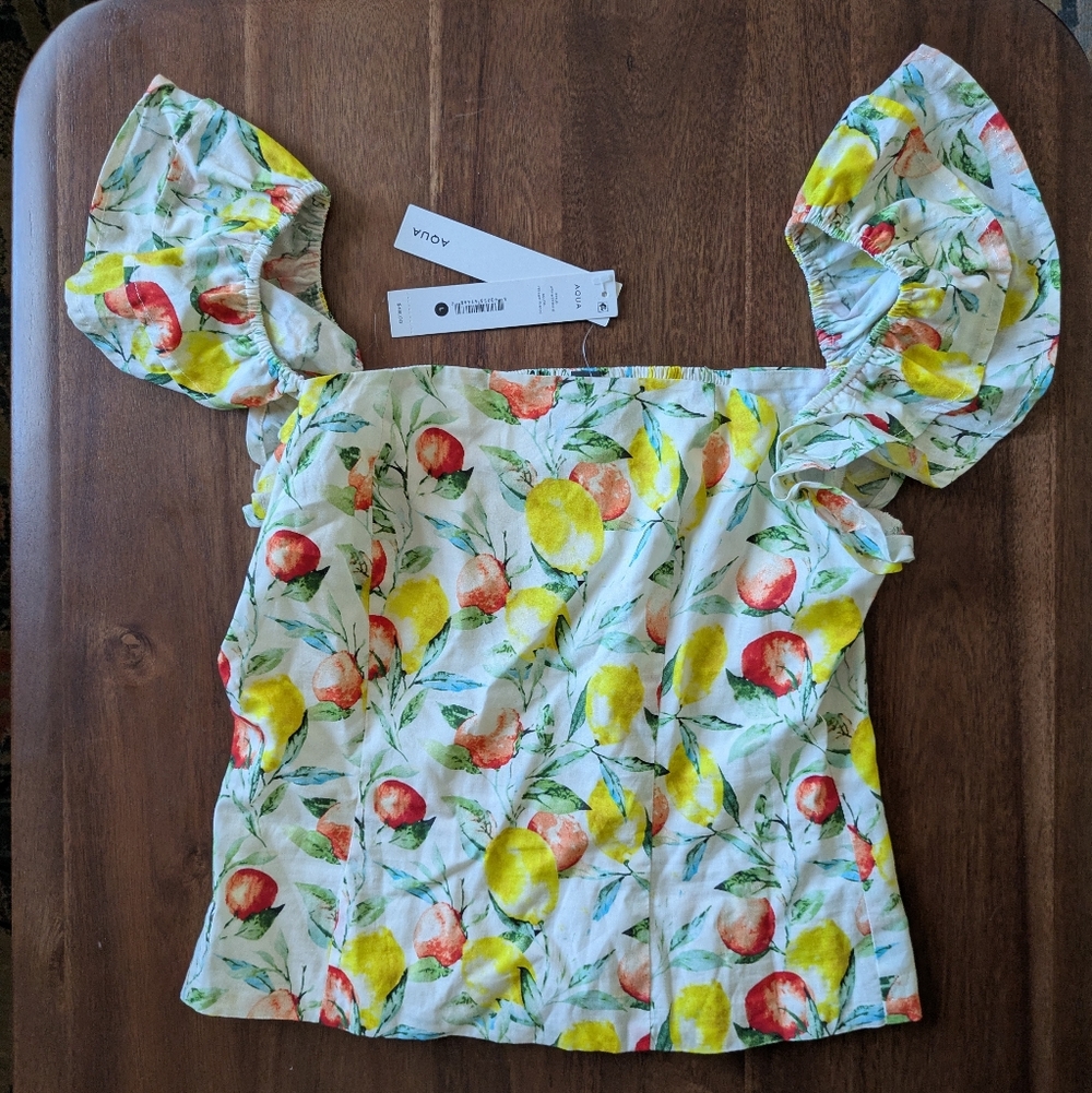 Aqua Size L Fruit Off-Shoulder Shirred Spring/Summer Top